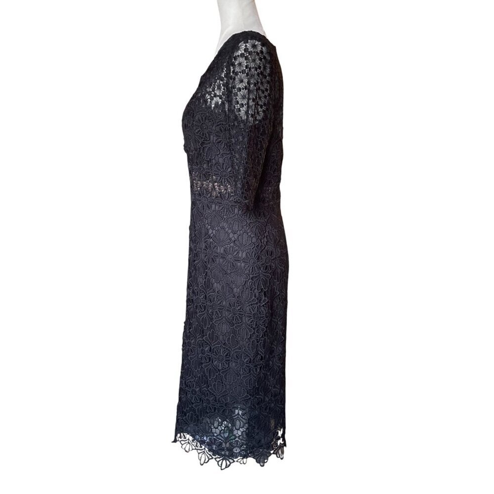 Anthropologie ML Monique Lhuillier Black Floral Lace Sheath Dress Sz 10 - Picture 9 of 16